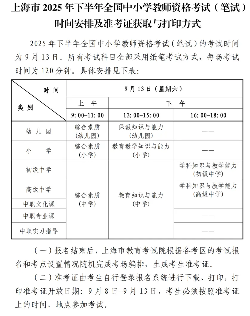 上海市2025年下半年全国中小学教师资格考试（笔试）报名公告发布