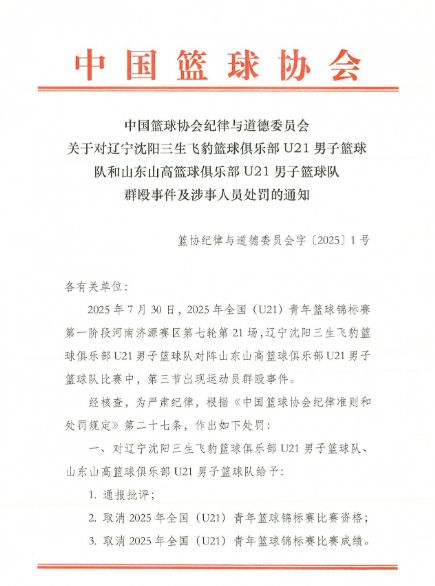 _篮协官宣U21辽鲁冲突处罚：黄秋实等4人停赛3年 多球员教练禁8场_篮协官宣U21辽鲁冲突处罚：黄秋实等4人停赛3年 多球员教练禁8场
