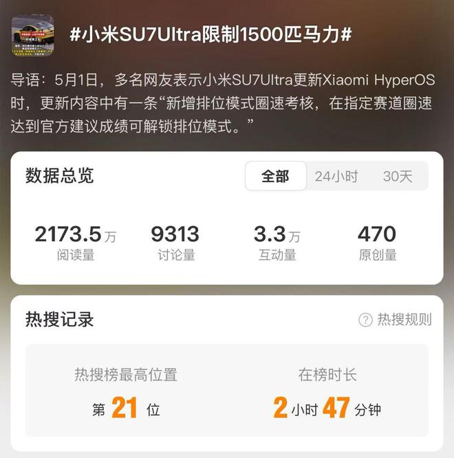 小米紧急撤回SU7 Ultra灰度OTA 是否限速成难题