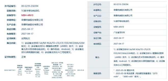 荣耀神秘新机突然入网：66W有线快充+北斗功能，三证也已齐全