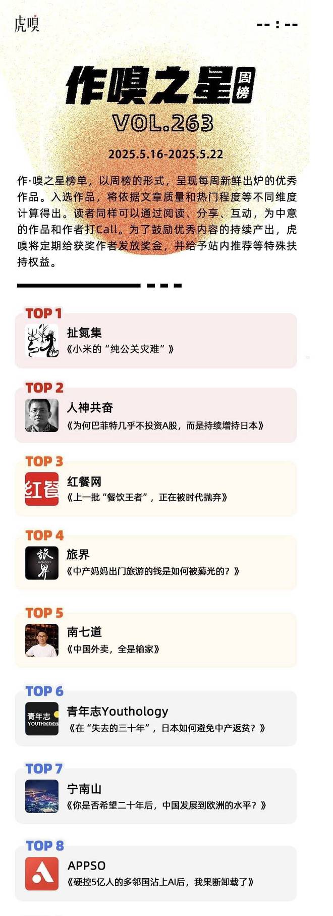 虎嗅【作·嗅之星】周榜第263期_虎嗅【作·嗅之星】周榜第263期_